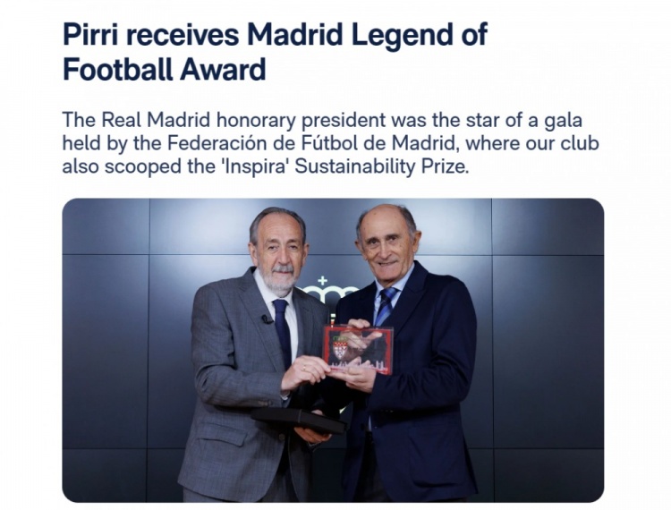 官方：皇马名誉主席皮里获得马德里足协颁发的马德里足球传奇奖